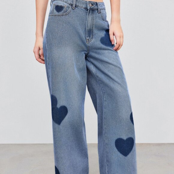 Mid Rise Heart Print Baggy Patterned Jeans Trousers - Picture 4 of 8